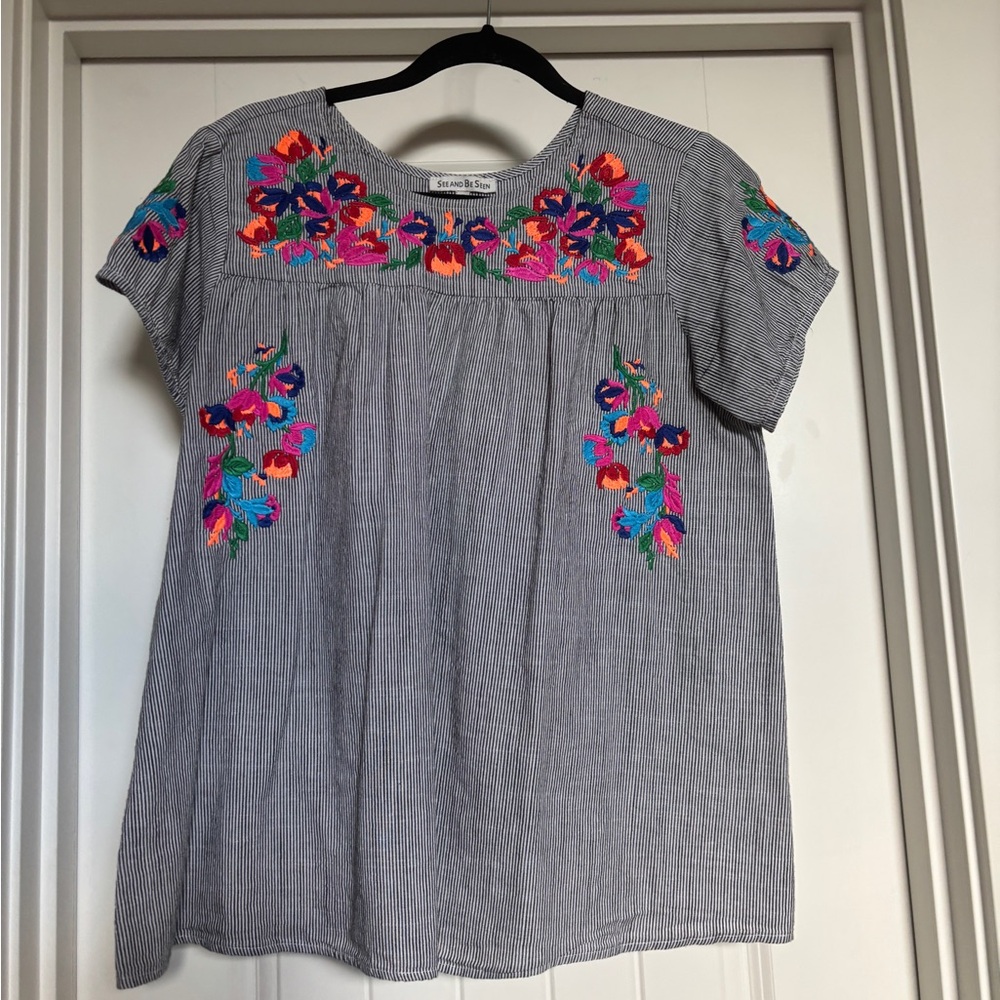 Striped Blouse with Colorful Floral Embroidery
